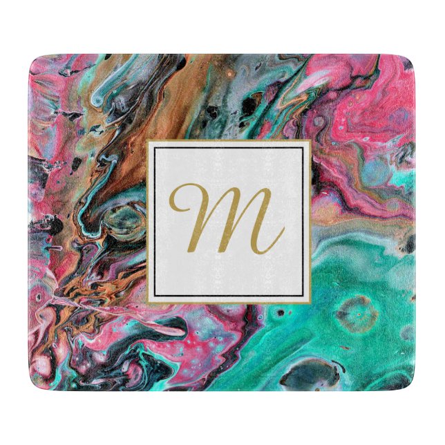 Pink & Green marble  monogram Cutting Board (Front)