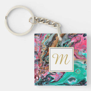 Pink & Green marble monogram Key Ring