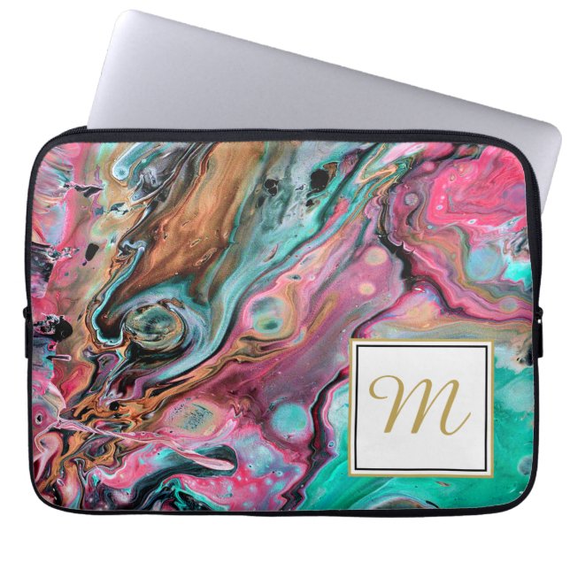 Pink & Green marble monogram Laptop Sleeve (Front)