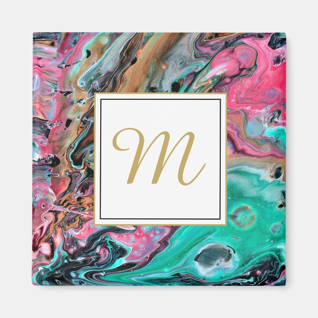 Pink & Green marble  monogram Magnet (Front)