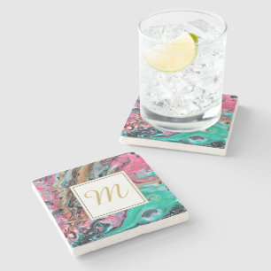Pink & Green marble monogram Stone Coaster