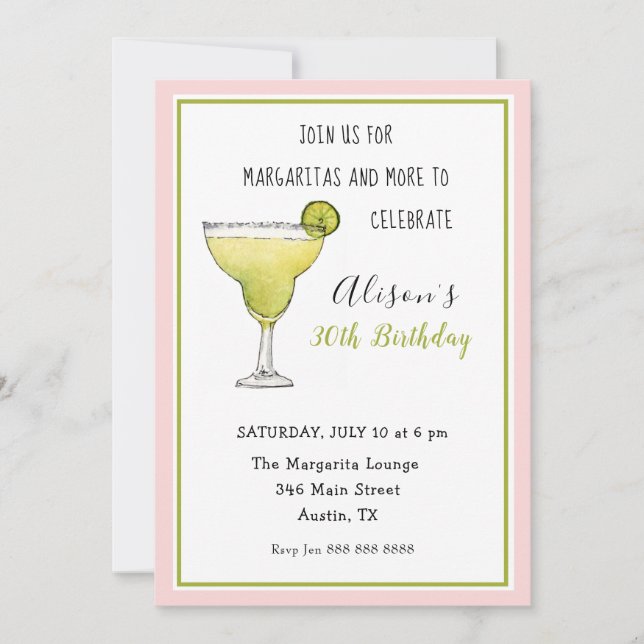 Pink & green Margarita Birthday party Invitation (Front)
