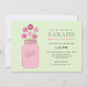 Pink + Green Mason Jar Flowers Bridal Shower Party Invitation