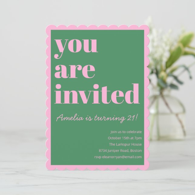 Pink Green Modern 21st Scalloped Birthday Party Invitation (Standing Front)