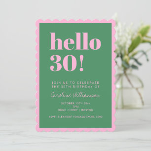 Pink Green Modern 30th Scalloped Birthday Party Invitation