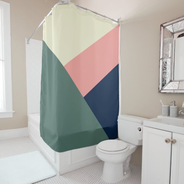 Pink & green modern minimal abstract geometric shower curtain (In Situ)