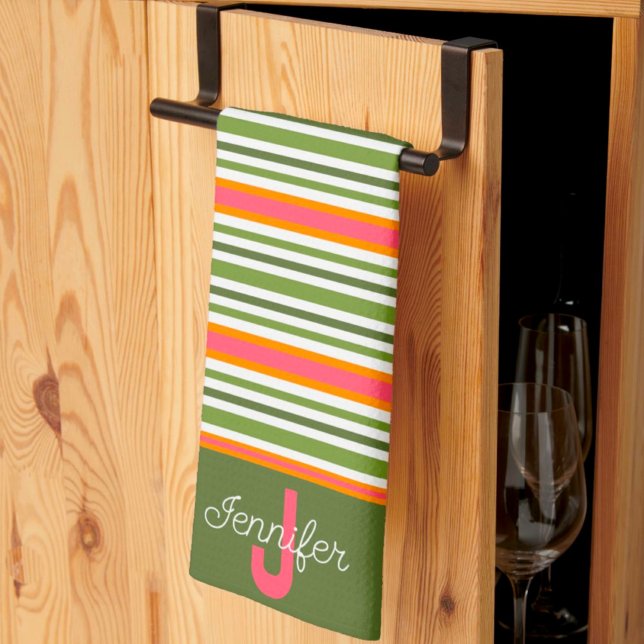 Pink Green Modern Stripe Stylish Initial Last Name Tea Towel (Creator Uploaded)