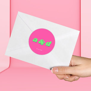 Pink & Green Monogram Engagement Party Wedding Classic Round Sticker