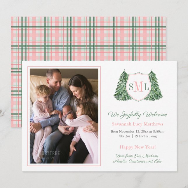Pink Green Monogram Happy New Year Baby Girl Photo Announcement (Front/Back)