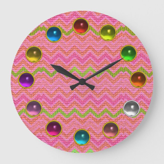 PINK GREEN MOSAIC CHEVRON AND COLORFUL GEMSTONES LARGE CLOCK (Front)