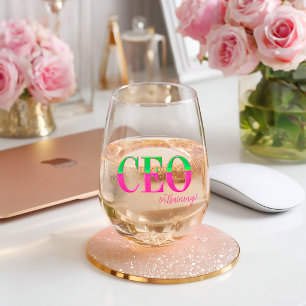 Pink & Green Motivational CEO in Training Stemless Wine Glass