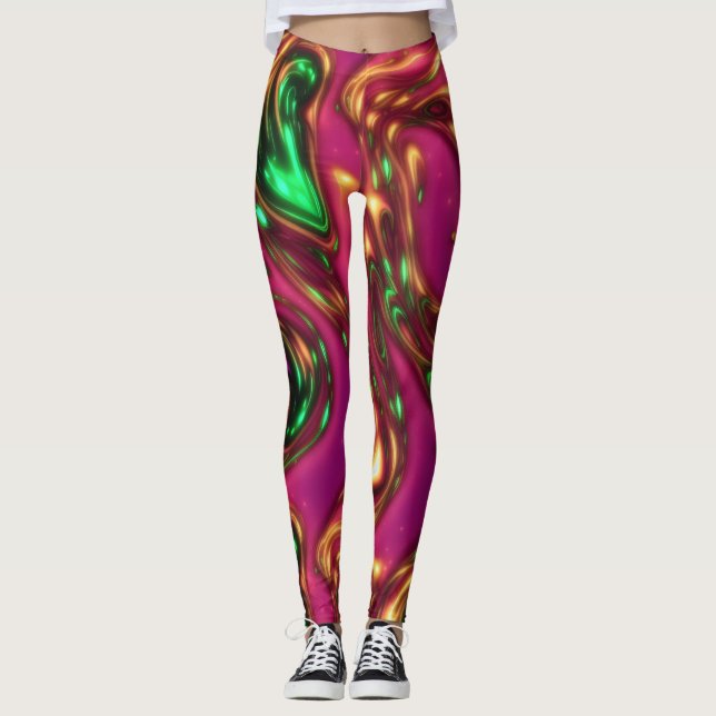 Pink & Green Neon Liquid Abstract Art Leggings (Front)
