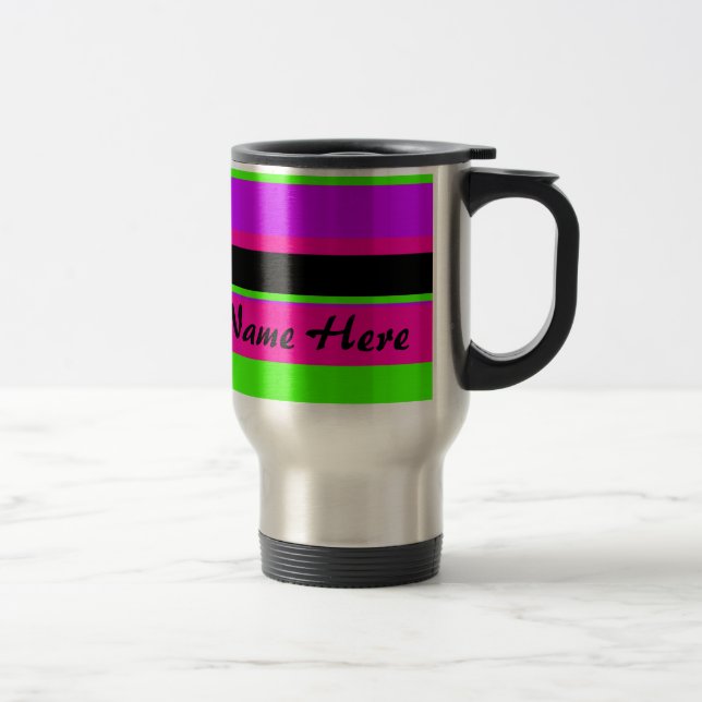 Pink/Green Neon Stripes Travel Mug (Right)