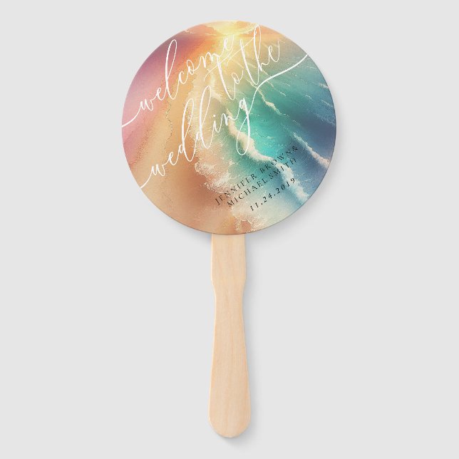 Pink Green Ocean Beach Day Party Welcome Wedding Hand Fan (Front)