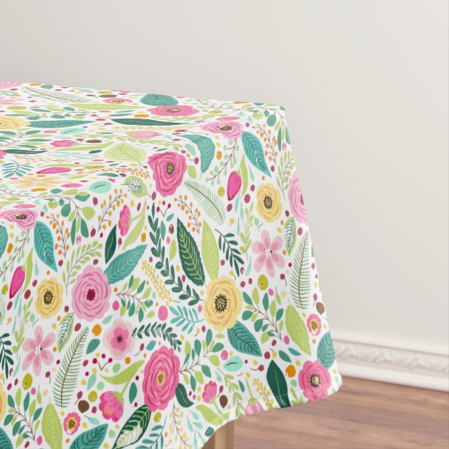 Pink green orange floral flower cotton dining tablecloth (In Situ)