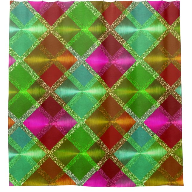 Pink Green Orange Glitter Plaid Design Shower Curtain (Front)