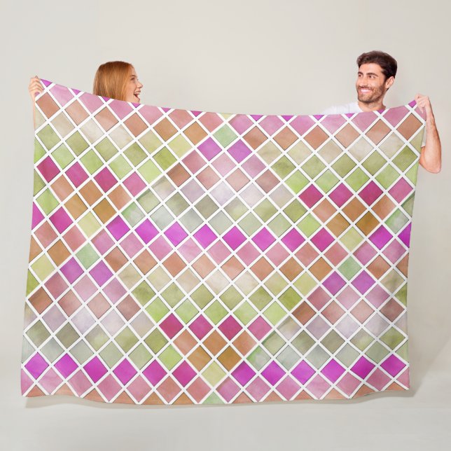 Pink Green Orange Mosaic Design Fleece Blanket (In Situ)