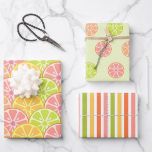 PINK GREEN ORANGE YELLOW FRUIT & STRIPES WRAPPING PAPER SHEET