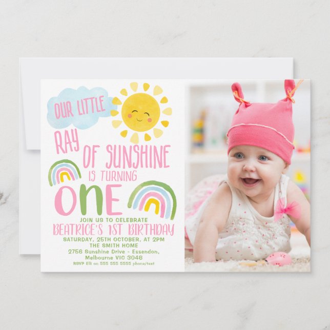 Pink Green Our Little Ray Of Sunshine 1st Birthday Invitation (Front)