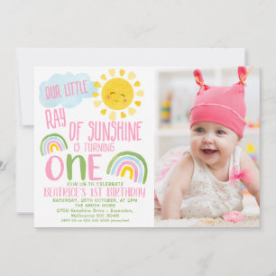 Pink Green Our Little Ray Of Sunshine 1st Birthday Invitation