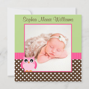Pink Green Owl Photo Birth Announcement