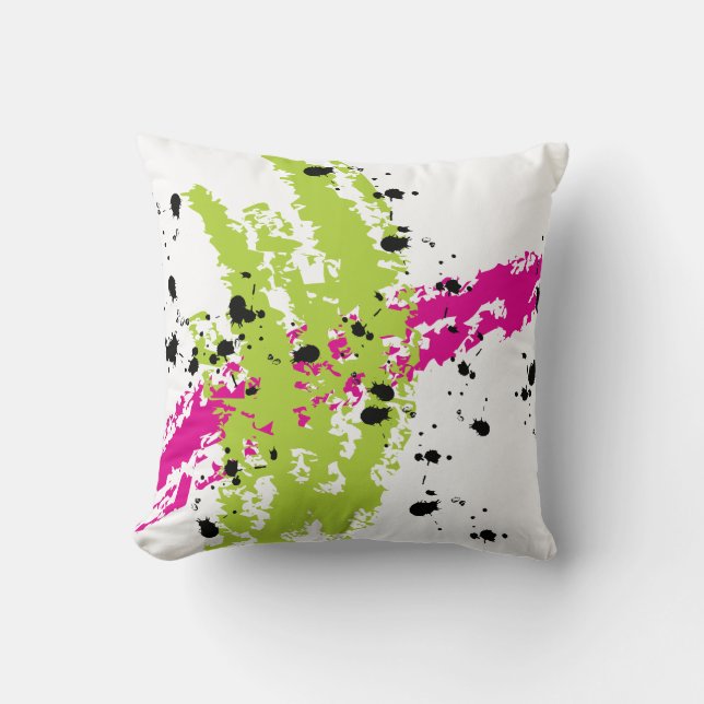 Pink Green Paint Splash Ink Couch Throw Pillow (Front)