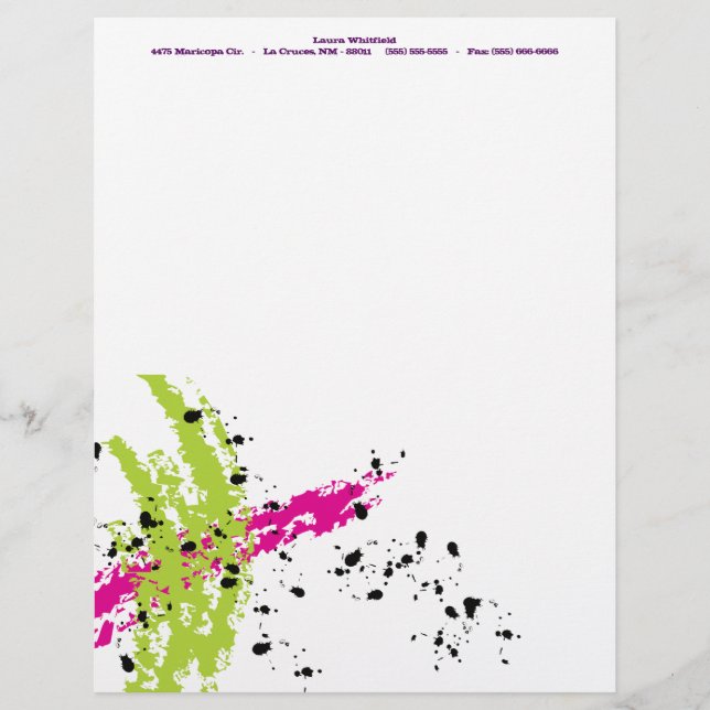 Pink Green Paint Splash Ink Letterhead Stationery (Front)
