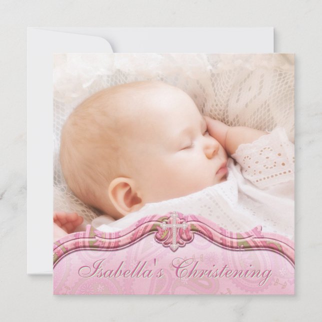Pink Green Paisley Baby Girl Photo Christening Invitation (Front)