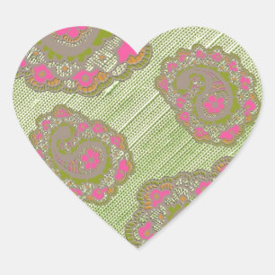 Pink green paisley floral pattern heart sticker