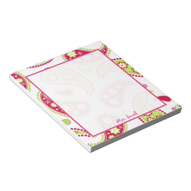 Pink & Green Paisley Personalised Notepad (Angled)