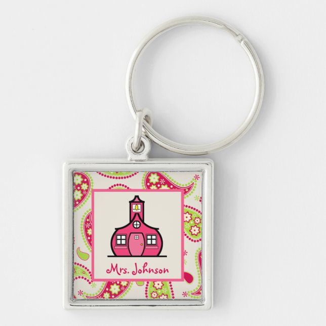 Pink & Green Paisley Schoolhouse Teacher Keychain (Front)