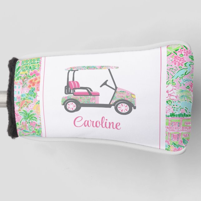 Pink & Green Palm Beach Golf Cart Personalised Golf Head Cover (Front)