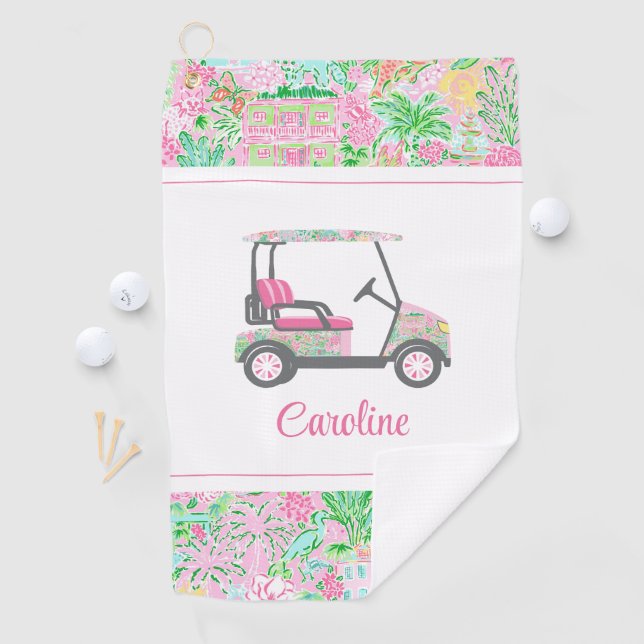 Pink & Green Palm Beach Golf Cart Personalised Golf Towel (InSitu)