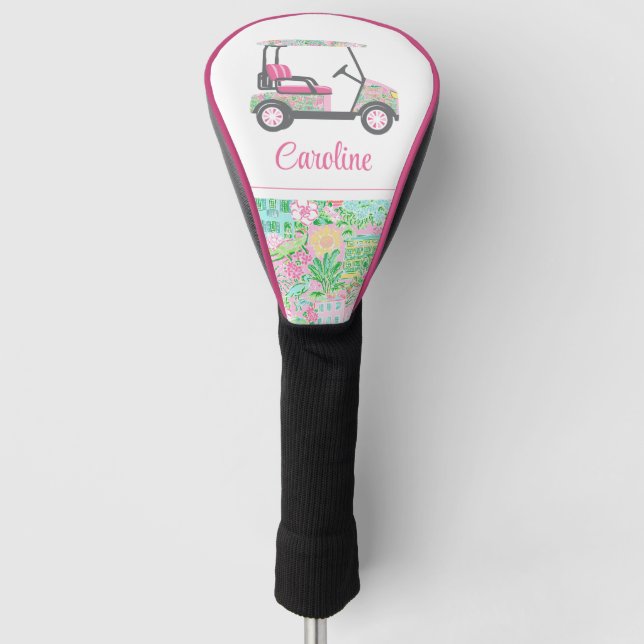 Pink & Green Palm Beach Golf Cart Personalised Head Cover (Front)