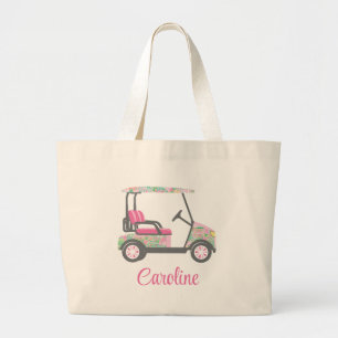 Pink & Green Palm Beach Golf Cart Personalised Large Tote Bag