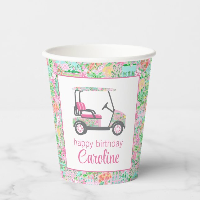 Pink & Green Palm Beach Golf Cart Personalised Paper Cups (Front)