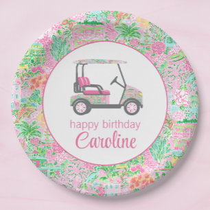 Pink & Green Palm Beach Golf Cart Personalised Paper Plate