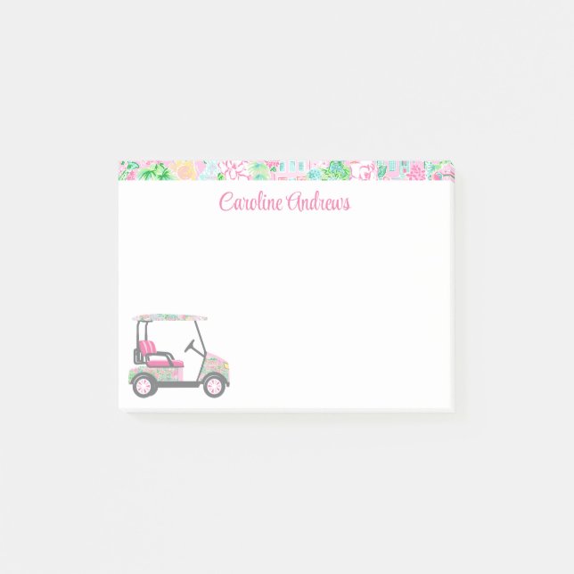 Pink & Green Palm Beach Golf Cart Personalised Post-it Notes (Front)