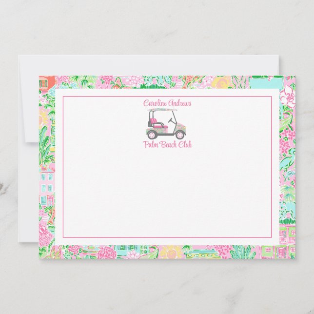 Pink & Green Palm Beach Golf Cart Personalised Thank You Card (Front)