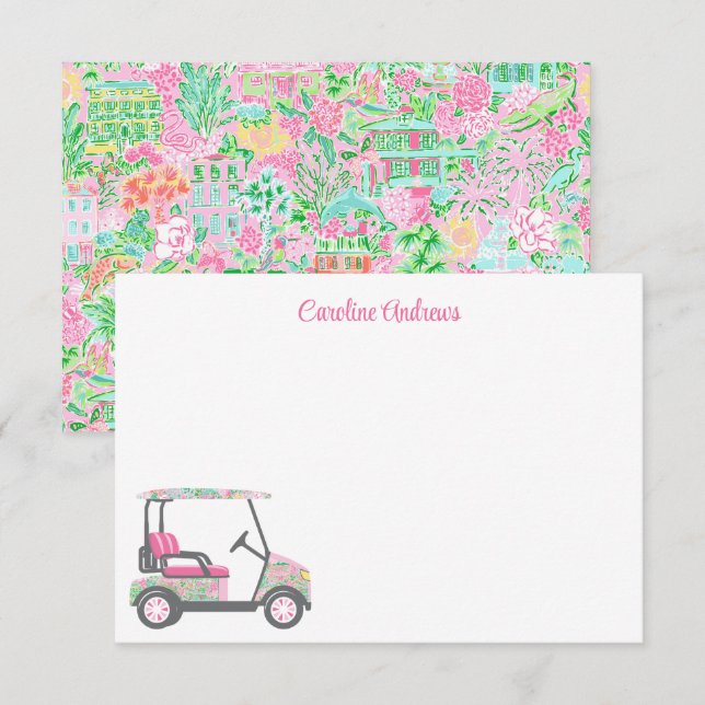 Pink & Green Palm Beach Golf Cart Personalised Thank You Card (Front/Back)