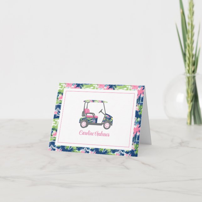 Pink & Green Palm Beach Golf Cart Personalised Thank You Card (Front)