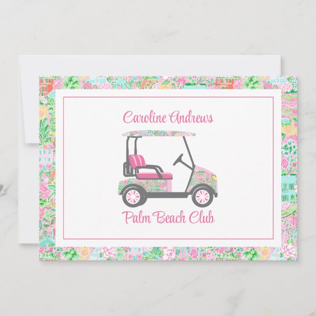 Pink & Green Palm Beach Golf Cart Personalised Thank You Card (Front)