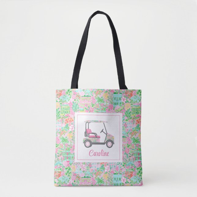 Pink & Green Palm Beach Golf Cart Personalised Tote Bag (Front)
