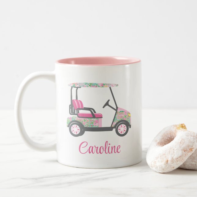Pink & Green Palm Beach Golf Cart Personalised Two-Tone Coffee Mug (With Donut)