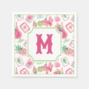 Pink & Green Palm Beach Mahjong & Mixers Monogram Napkin
