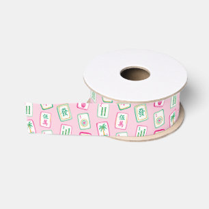 Pink & Green Palm Beach Mahjong Tiles Grosgrain Ribbon