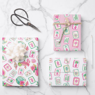 Pink & Green Palm Beach Mahjong Tiles & Mixers Wrapping Paper Sheet