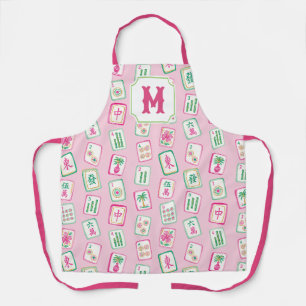 Pink & Green Palm Beach Mahjong Tiles Monogram Apron