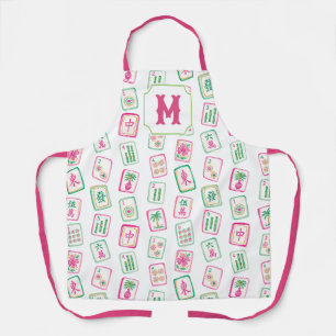 Pink & Green Palm Beach Mahjong Tiles Monogram Apron
