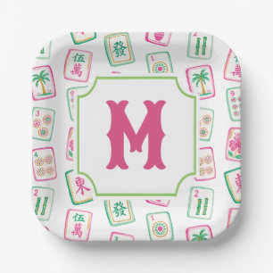 Pink & Green Palm Beach Mahjong Tiles Monogram Paper Plate